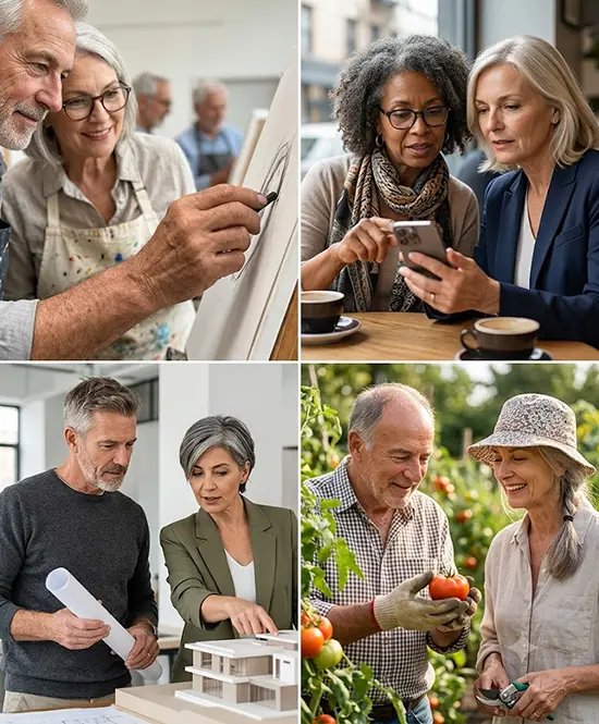 50-plussers die schilderen, een telefoon bekijken, een ontwerp bespreken en tuinieren