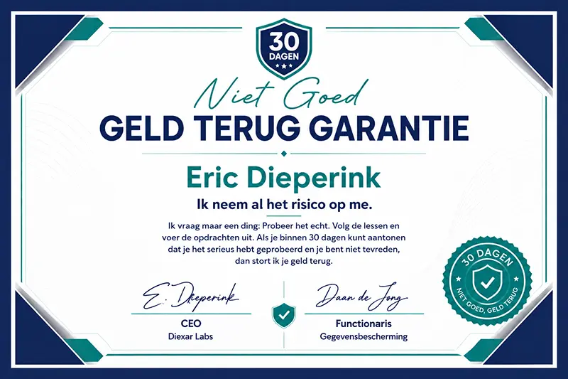 Certificaat: 30 dagen niet-goed-geld-terug-garantie, ondertekend door Eric Dieperink namens Diexar Labs